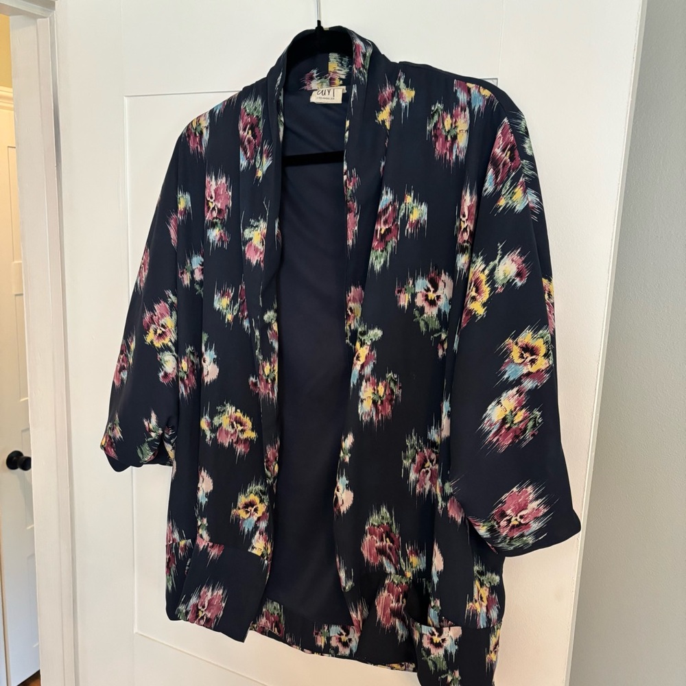 Floral pansy open front coverup shrug jacket. One size. navy pink yellow